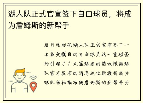 湖人队正式官宣签下自由球员，将成为詹姆斯的新帮手