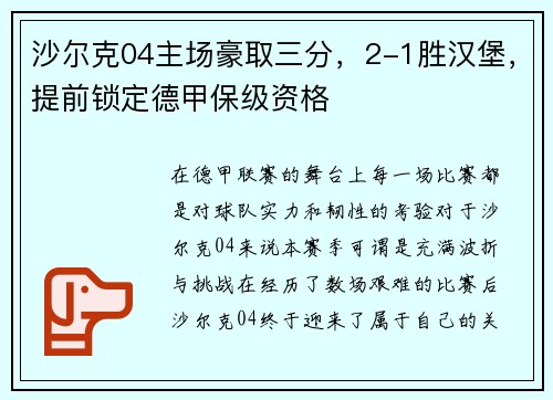 沙尔克04主场豪取三分，2-1胜汉堡，提前锁定德甲保级资格