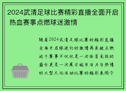 2024武清足球比赛精彩直播全面开启 热血赛事点燃球迷激情